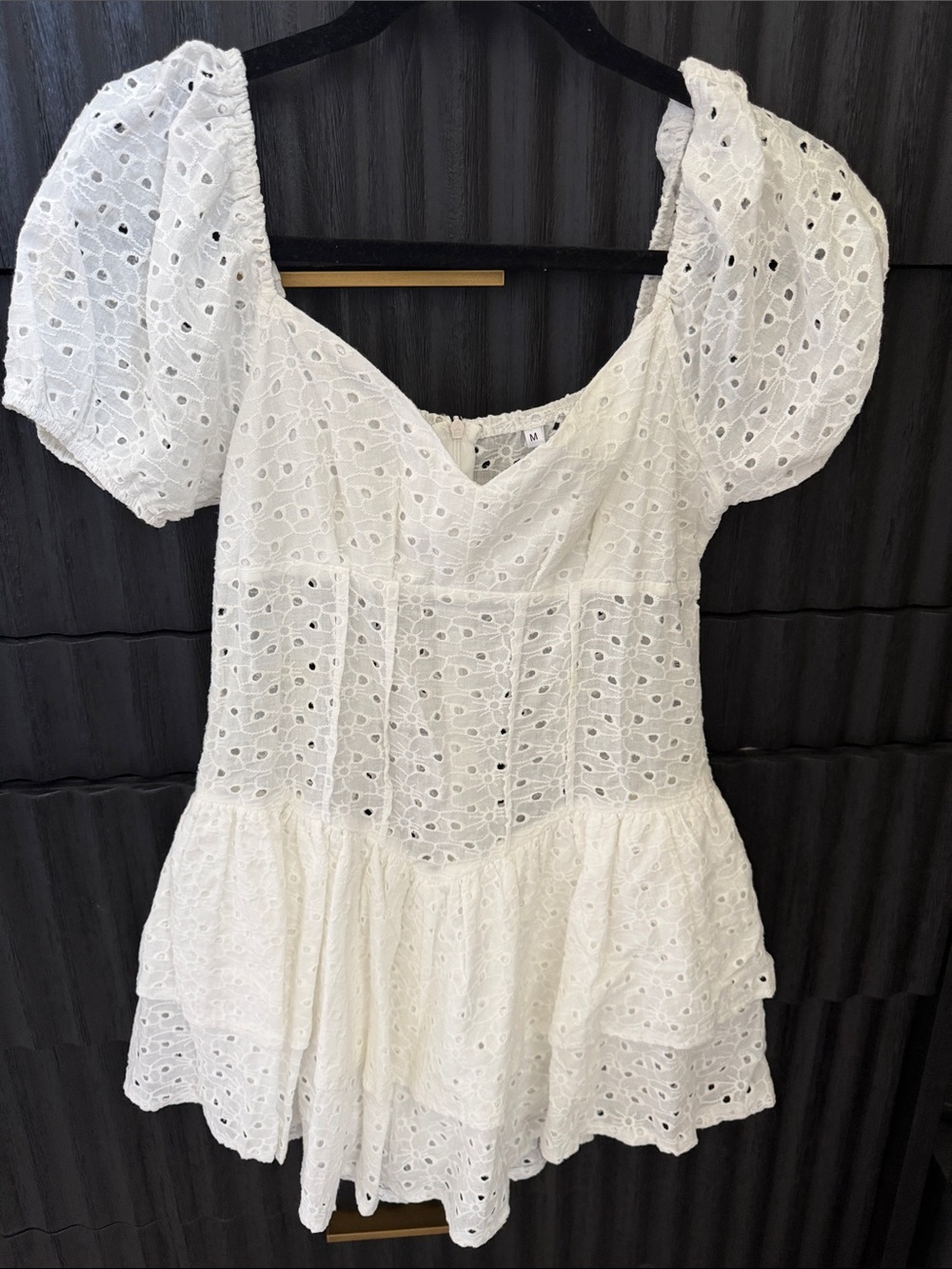 White Eyelet Puff Sleeve Mini Dress